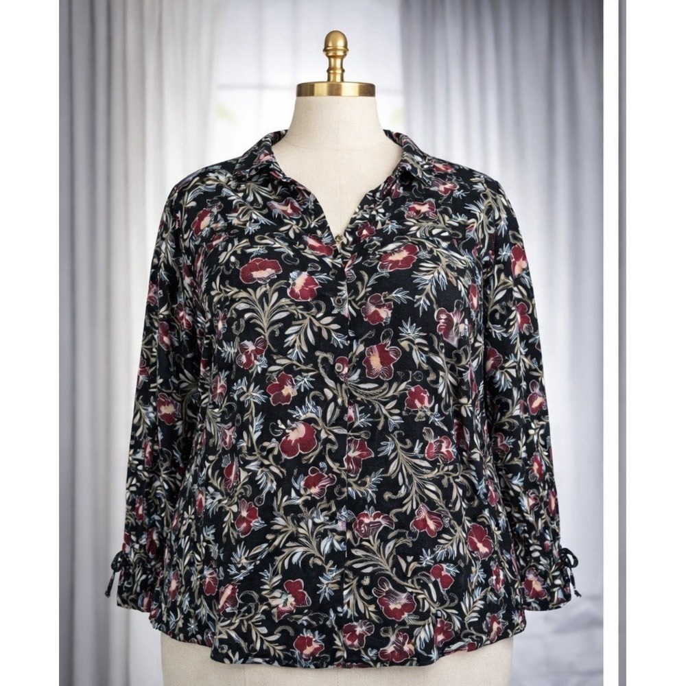 J. Jill Women's Black Red Floral Blouse Button-Up Top Classy Office Size XL